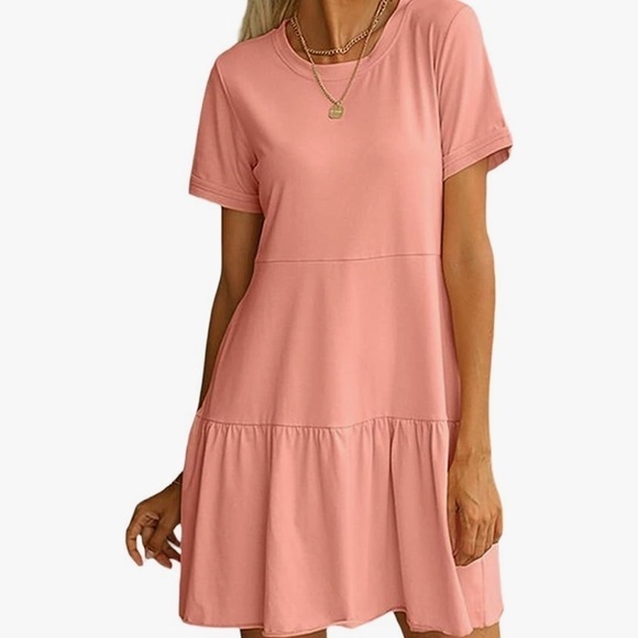 Casual Short Sleeve Crewneck Swing Flowy Tiered Dress with Pockets - Picture 3 of 10